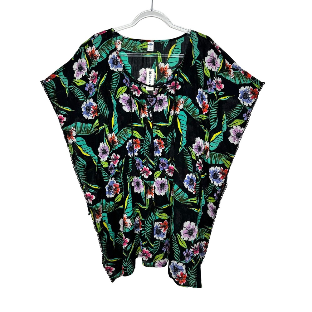 Old Navy Swim Cover up Kaftan Size L Black Floral Tropical Lace Trim Tassel New